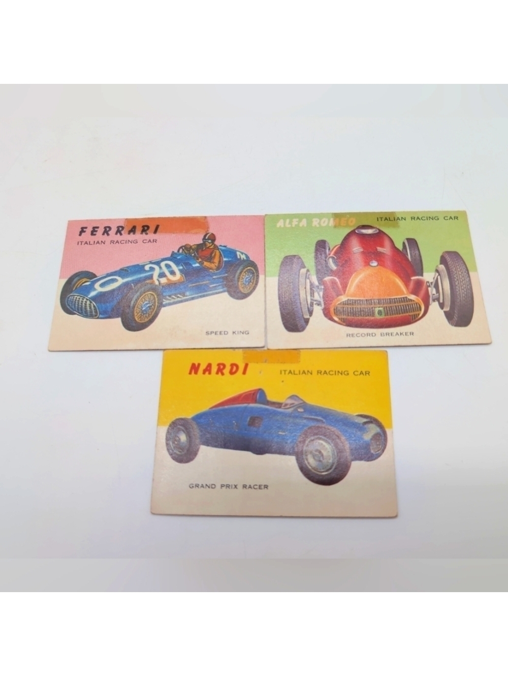 1954 Topps Car Card Set 3 Italian Race Cars Ferrari, Alfa Romeo, Nardi